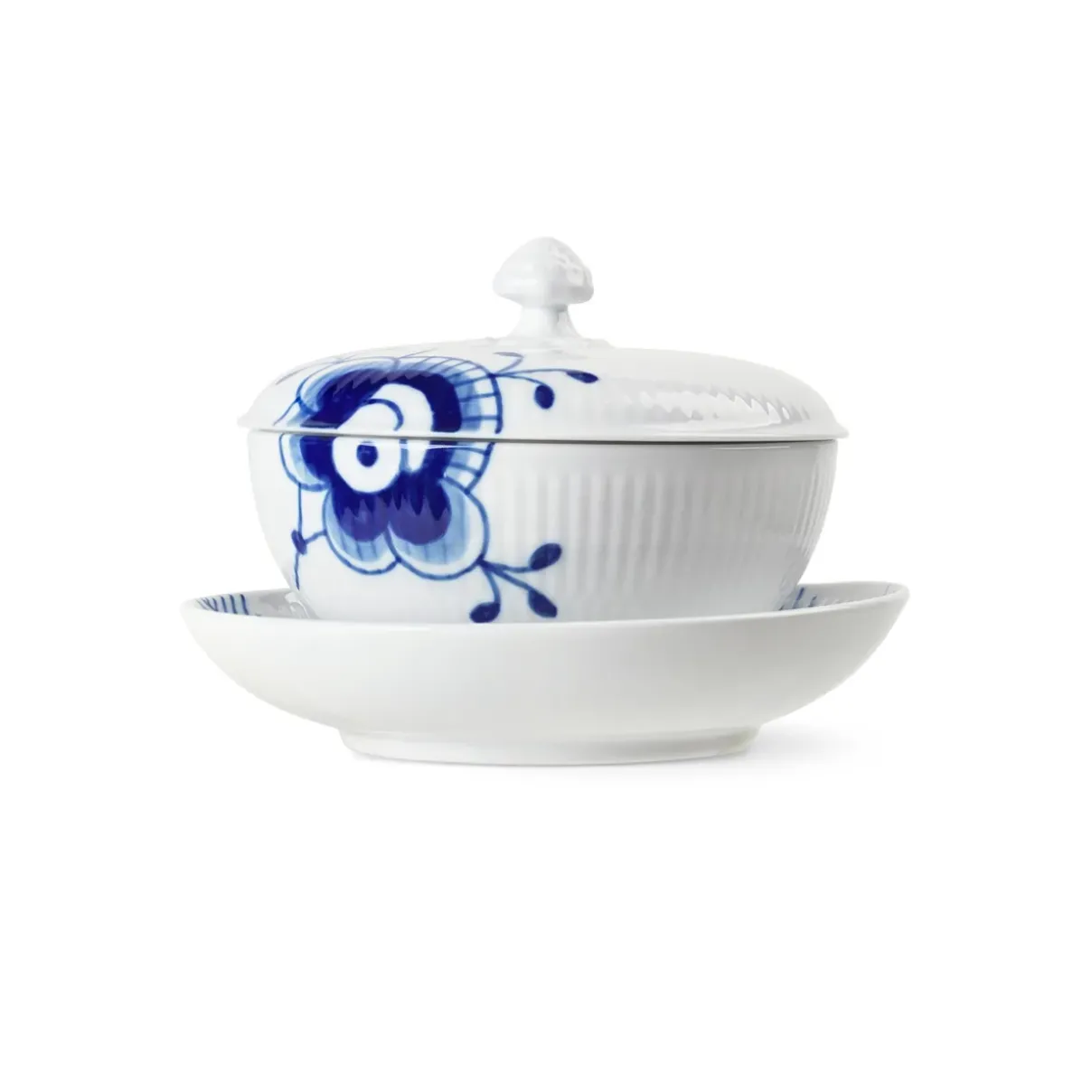 Royal Copenhagen Blå Mega Riflet|Snackskåle*Blå Mega Riflet skål med låg og underkop, 38 cl