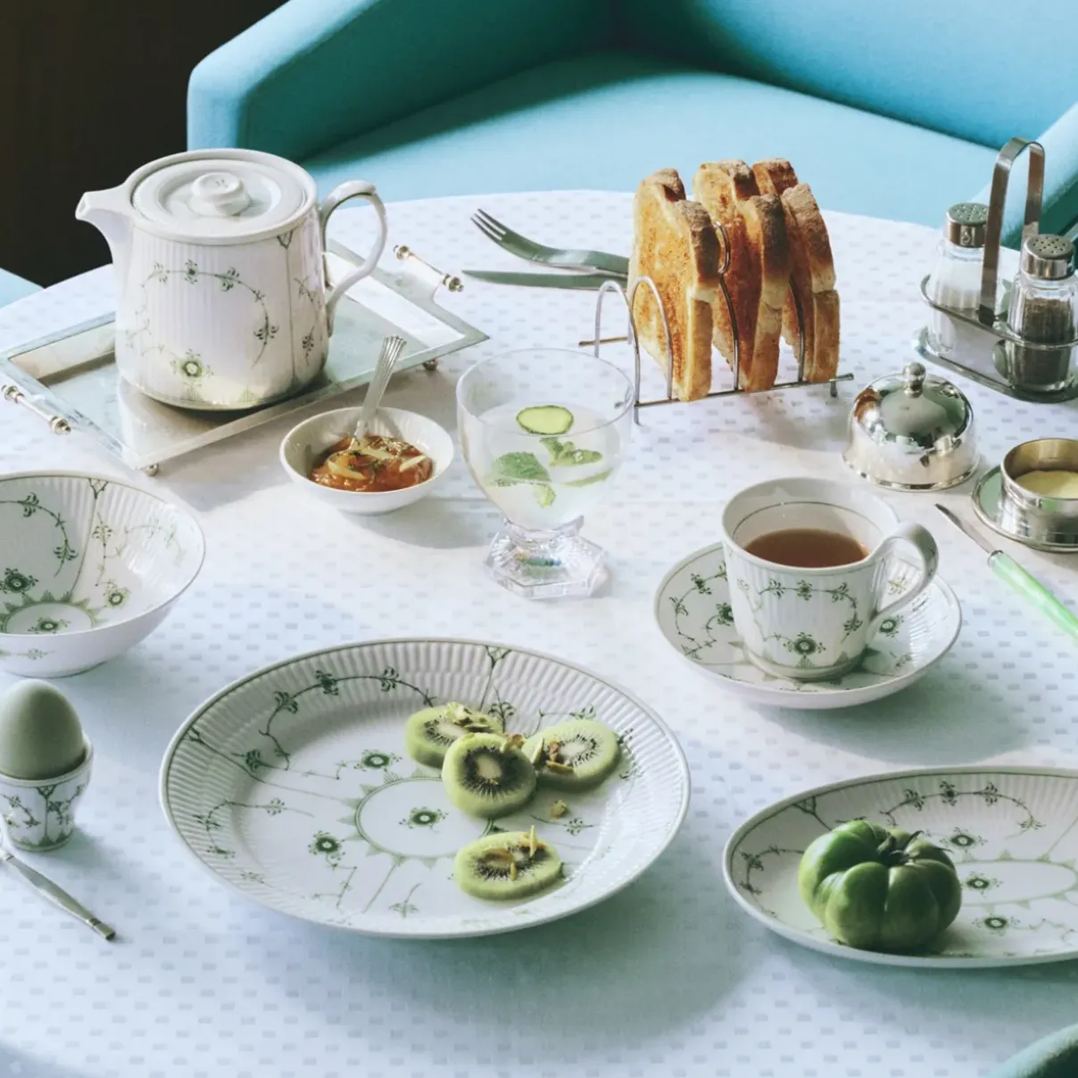 Royal Copenhagen Eksklusive Steldele|Grøn Musselmalet Riflet*Grøn Musselmalet Riflet kop og underkop, 24 cl