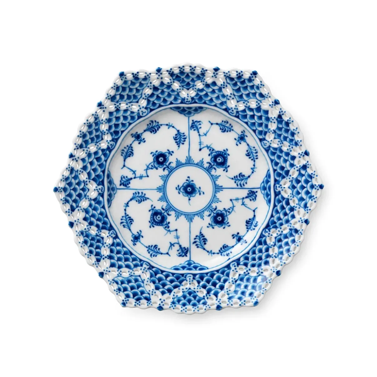 Royal Copenhagen Eksklusive Steldele|Musselmalet Helblonde*Musselmalet Helblonde tallerken med gennemskåret kant, 21 cm