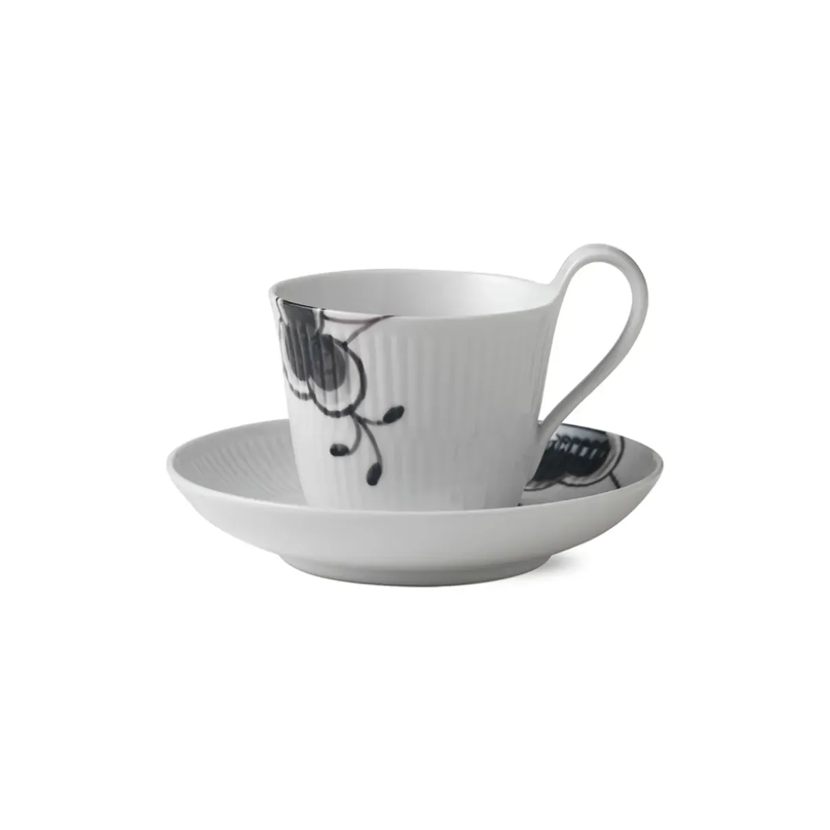 Royal Copenhagen Sort Mega Riflet|Kaffekopper*Sort Mega Riflet højhankskop og underkop, 24 cl